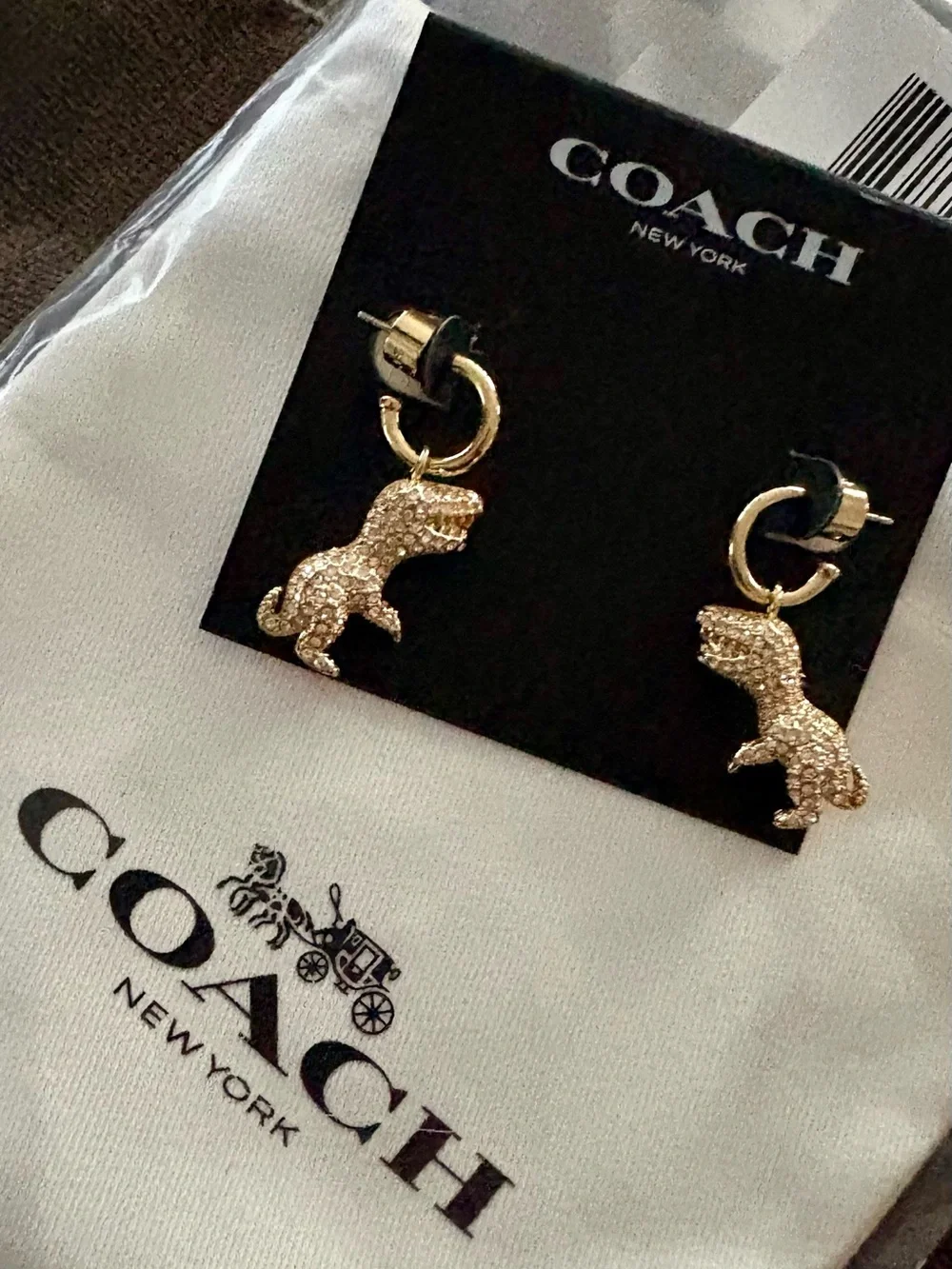 Coach Gold Pavé Rexy Charm Huggie Drop Earrings w/Dustbag NWT - Picture 5 of 8